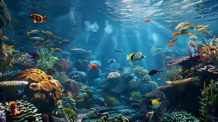Fototapeta na wymiar Underwater marine life with colorful fish, coral reefs, and clear blue waters, featuring a diverse array of aquatic creatures