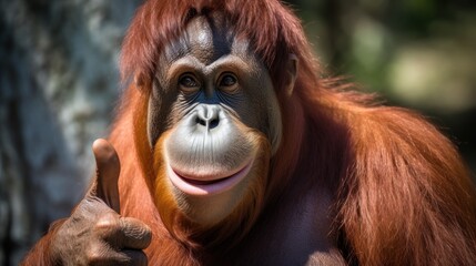 Portrait of friendly orangutan making thumbs up.