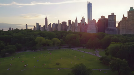 Obraz premium Aerial helicopter photo over central park with nature, trees, people having picnic and resting on a field around skyscrapers cityscape, beautiful evening with warm sunset light day time 