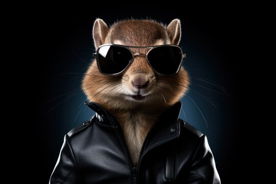 Funny chipmunk with sunglasses in a suit on a black background.