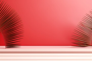 Red background with palm leaf shadow and white wooden table for product display, summer concept. Vector illustration