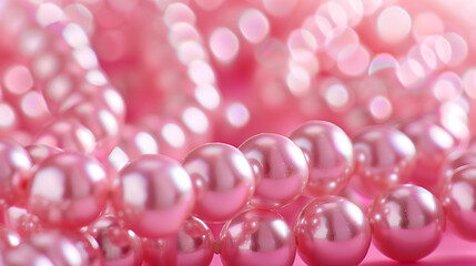 Shiny pink pearls in focus with bokeh effect and soft lighting. Background for cosmetic products, jewelry design, fashion magazine cover, banner, poster, party and wedding invitation 