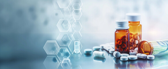 Different bills and bottles for pharmaceutical and healthcare medication and drug research labs concepts with copy space area concepts as wide banner with copysapce area banner digital concept