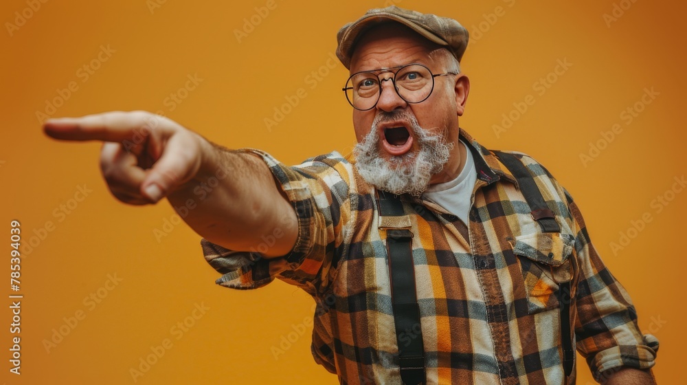 Poster elderly person pointing enthusiastically on soft colored backdrop with room for text