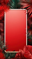 Red frame background, tropical leaves and plants around the red rectangle in the middle of the photo with space for text