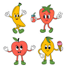 set of isolated funny banana, strawberry, apple, lemon - 785394228