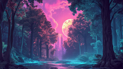 Mystic Sunset Over Serene Fantasy Forest.