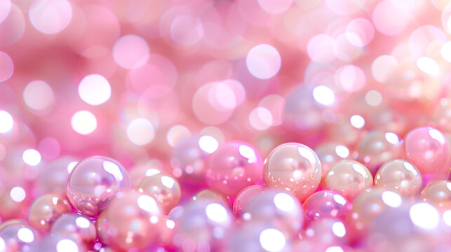  Background of shiny pink pearls with bokeh effect and soft lighting. Background for cosmetic products, jewelry design, fashion magazine cover, banner, poster, party and wedding invitation 