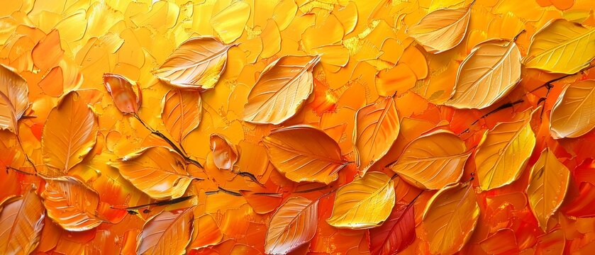 Serene abstract autumn, leaves painted with palette knife, vibrant orange and yellow background, oil, shimmering highlights