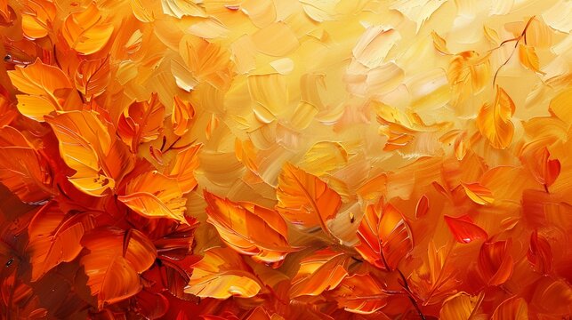 Oil painting, abstract autumn leaves, palette knife texture, serene backdrop of orange and gold, dramatic light accents