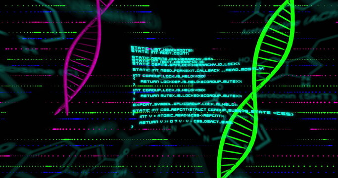 Image of dna strands with data processing over chemical structures