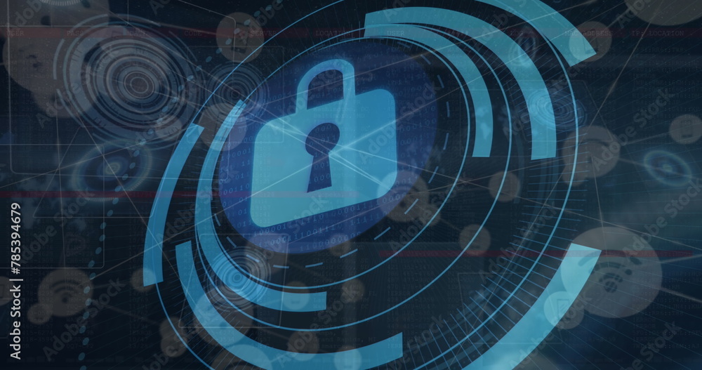 Poster padlock and scope over network of connections