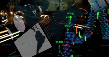 Image of world map and data processing over city at night