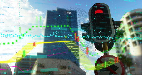 Image of data processing over cityscape