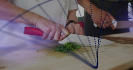 Image of dots forming dna helix over cropped hands of chef cutting vegetable over cutting board