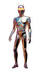 PNG An full body iridescence humanoid robot isolated on clear pale solid white background helmet futuristic protection