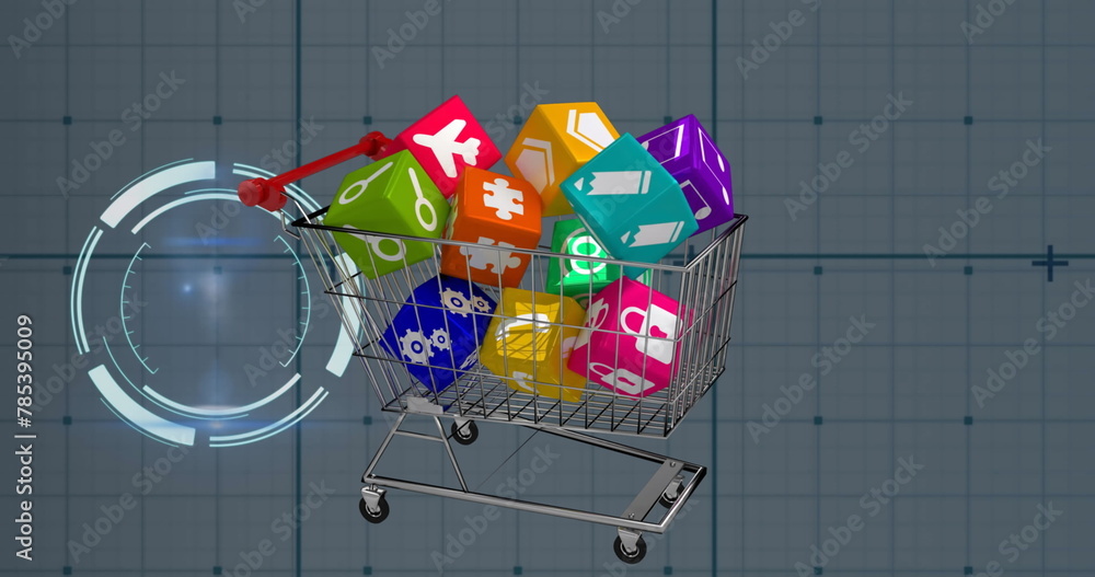 Sticker image of data processing over shopping cart