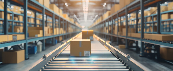Conveyor belt in a distribution warehouse with row of cardboard box packages for e-commerce delivery and automated logistics concepts as wide banner with copysapce area banner digital concept