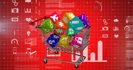 Image of data processing over shopping cart