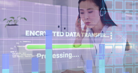 Image of data processing over asian businesswoman in office