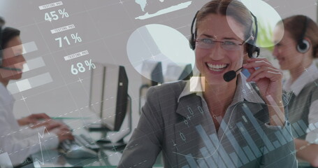 Image of infographic interface over smiling caucasian woman talking wearing headphones at office