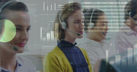 Image of data processing over diverse business people in office