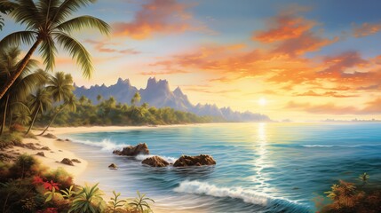 An idyllic tropical scene featuring palm-fringed beaches lapped by crystal-clear turquoise waves, with the golden sun casting shimmering reflections on the rippling water, creating a paradise - obrazy, fototapety, plakaty