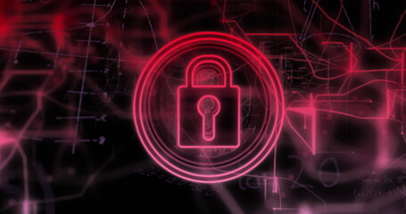 Image of mathematical equations over padlock icon on black background