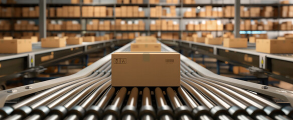 Conveyor belt in a distribution warehouse with row of cardboard box packages for e-commerce delivery and automated logistics concepts as wide banner with copysapce area banner digital concept