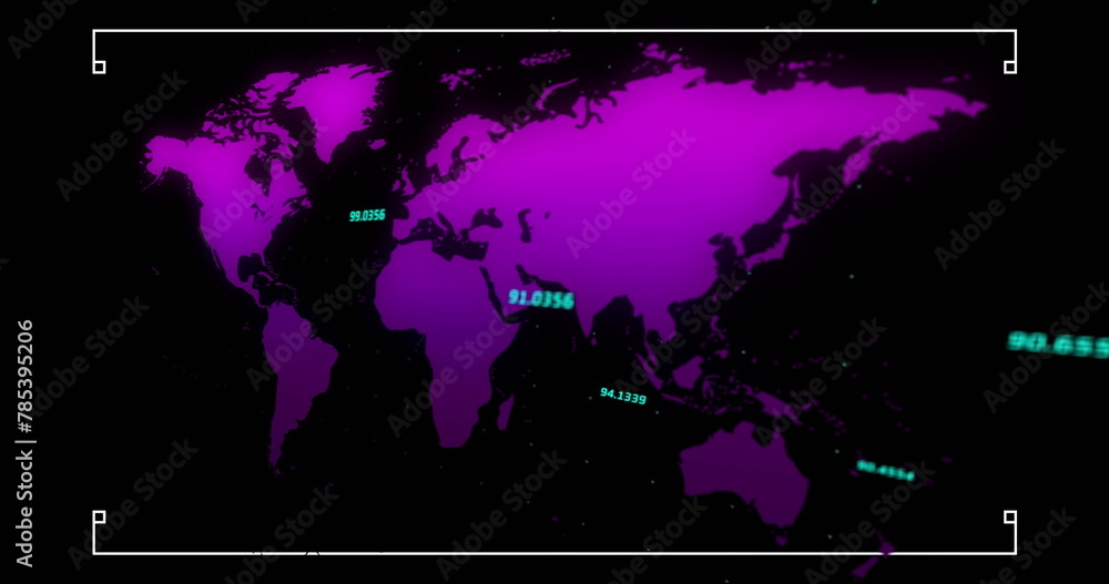 Poster image of data processing over world map on black background