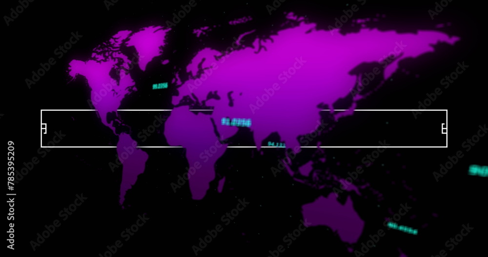 Poster image of data processing over world map on black background