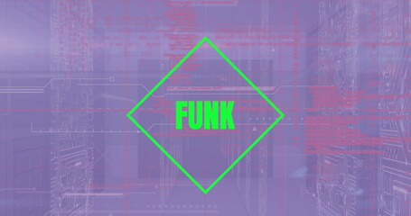 Image of funk text and data processing over server room