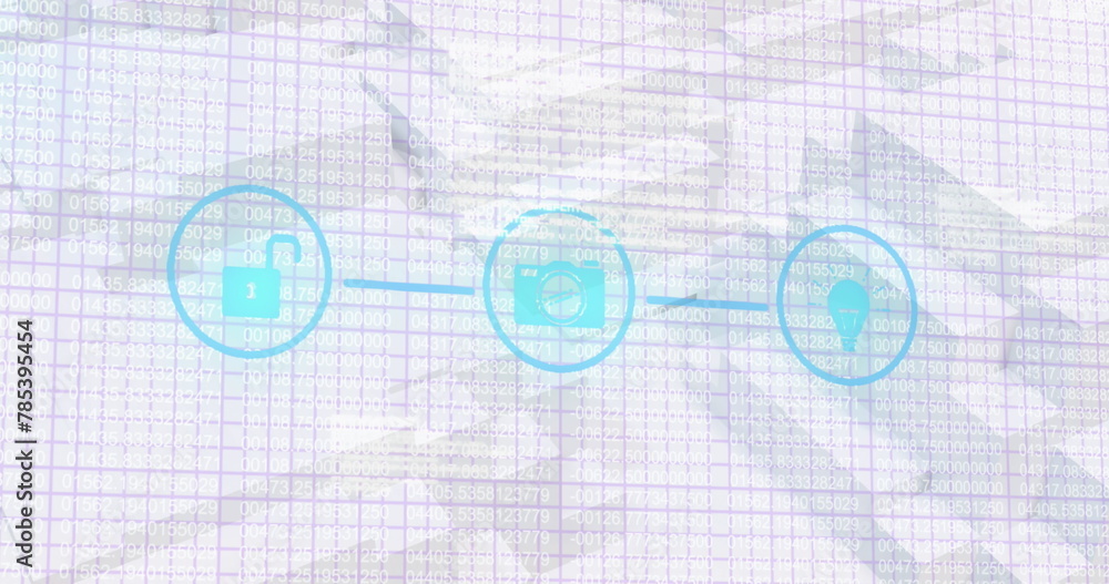 Aufkleber Image of network of digital icons over grid network against 3d concentric shapes