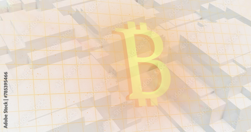 Poster Image of bitcoin symbol over grid network against 3d concentric shapes