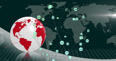 This image shows a digital interface with a globe of network connections and online shopping icons o