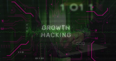 Image of growth hacking text and data processing over hacker using laptop