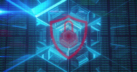 Image of security padlock icon over blue tunnel in seamless pattern against binary coding