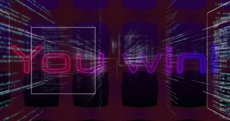 Image of you win text banner over screens with data processing against purple background