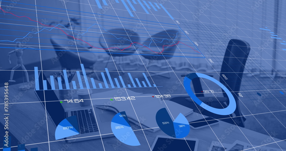 Poster image of statistical data processing against close up of a desk at office