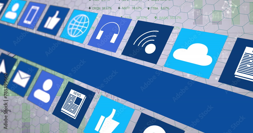 Poster image of icons over data processing on white background