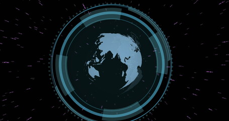 Image of scope scanning and globe on black background