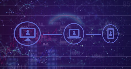 Image of network of connections with icons over data processing on black background