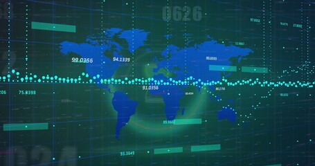 Image of data processing over world map on black background
