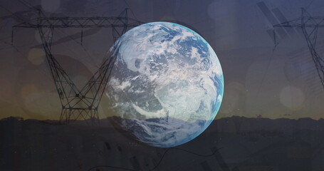 Image of data processing over pylons and globe