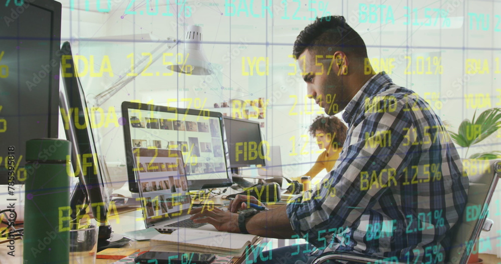 Poster composite of financial data processing over businessman using computer in office