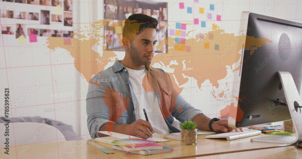 Poster image of world map and data processing over biracial businessman using computer