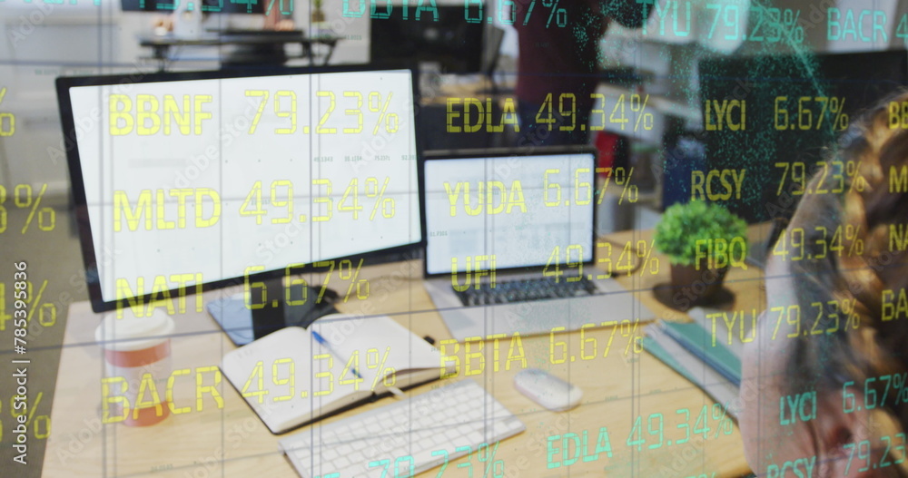 Aufkleber composite of financial data processing over businesswoman using computer in office