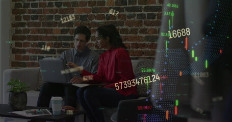 Image of financial data processing over business people in office