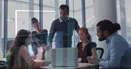 Image of financial data processing over business people in office