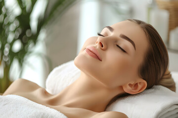 Obraz premium Young woman enjoying head face massage in spa salon. Beauty treatment concept